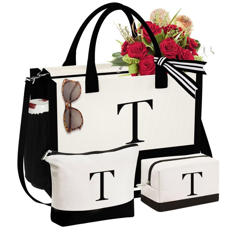 YOOLIFE Teacher Gifts for Women, Teacher Tote Bag, Initial Canvas Tote Bag & Makeup Bag, Letter T - Image 1