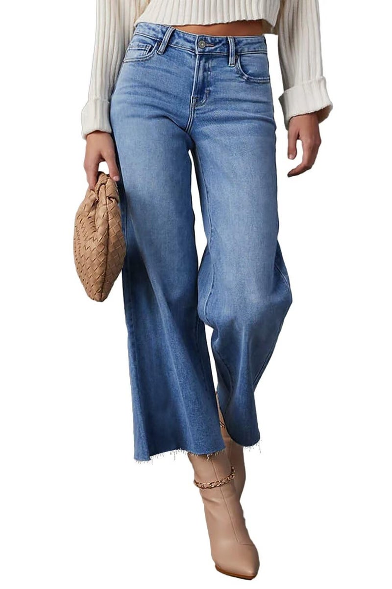 Allimy Womens High Waisted Capri Pants Wide Leg Pants Woman Cropped Jeans Baggy Barrel Jeans for Women Trendy Denim Blue Size 6 - Image 3