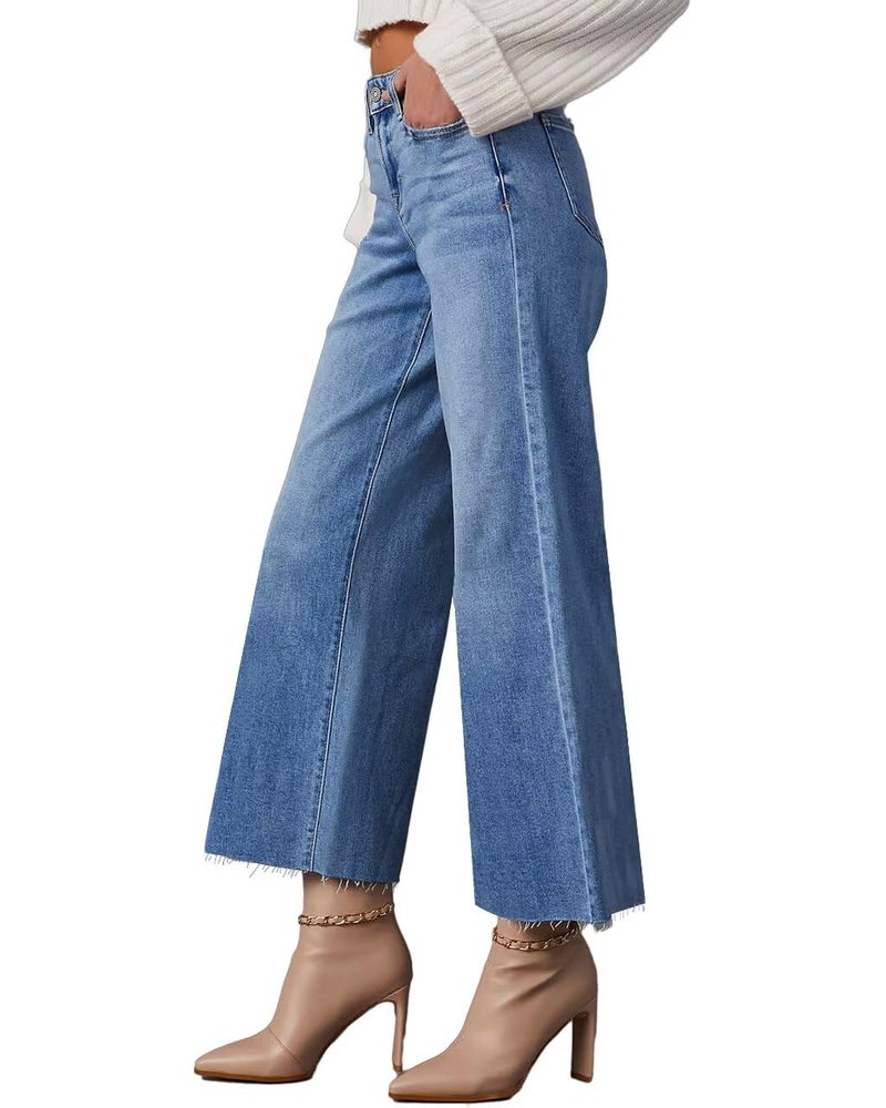 Allimy Womens High Waisted Capri Pants Wide Leg Pants Woman Cropped Jeans Baggy Barrel Jeans for Women Trendy Denim Blue Size 6 - Image 4