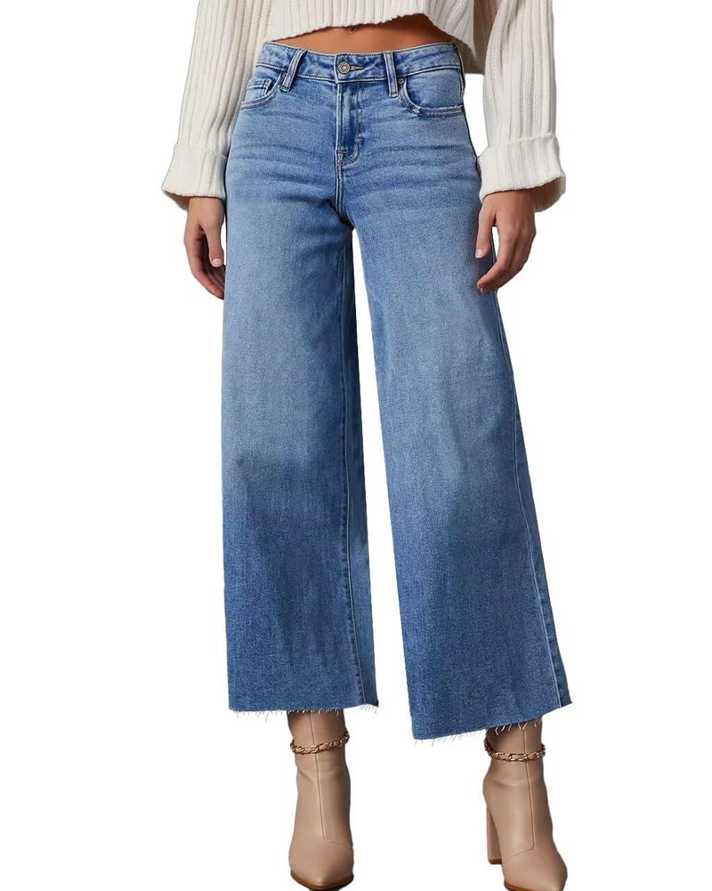 Allimy Womens High Waisted Capri Pants Wide Leg Pants Woman Cropped Jeans Baggy Barrel Jeans for Women Trendy Denim Blue Size 6 - Image 1