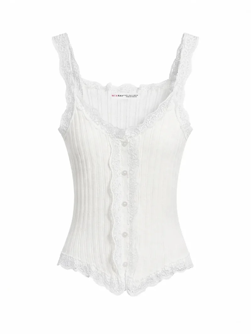 ميكسراي MIXRAY Fitted sleeveless lace ribbed blouse with buttons