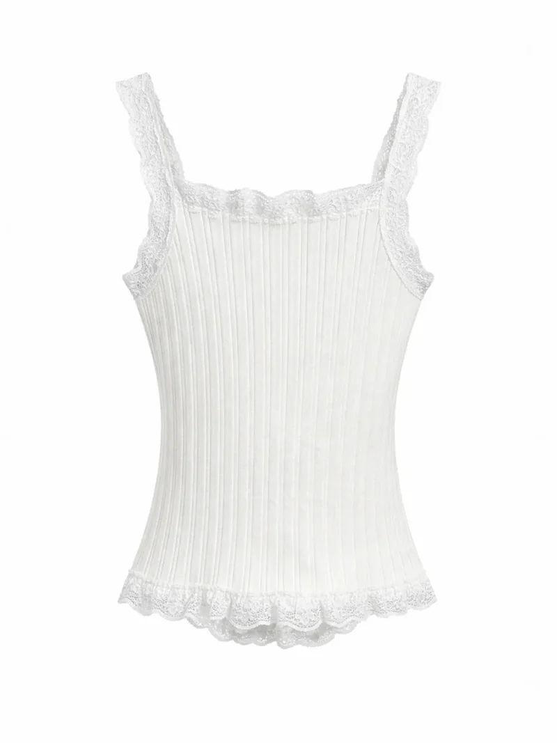 ميكسراي MIXRAY Fitted sleeveless lace ribbed blouse with buttons
