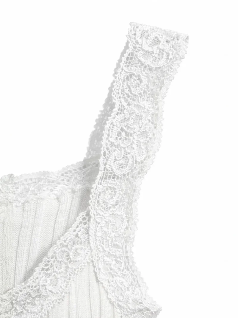 Mixray White MIXRAY Fitted sleeveless lace ribbed blouse with buttons for Women | Best Price UAE