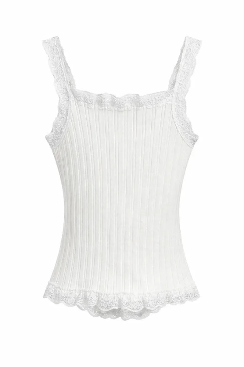 ميكسراي MIXRAY Fitted sleeveless lace ribbed blouse with buttons