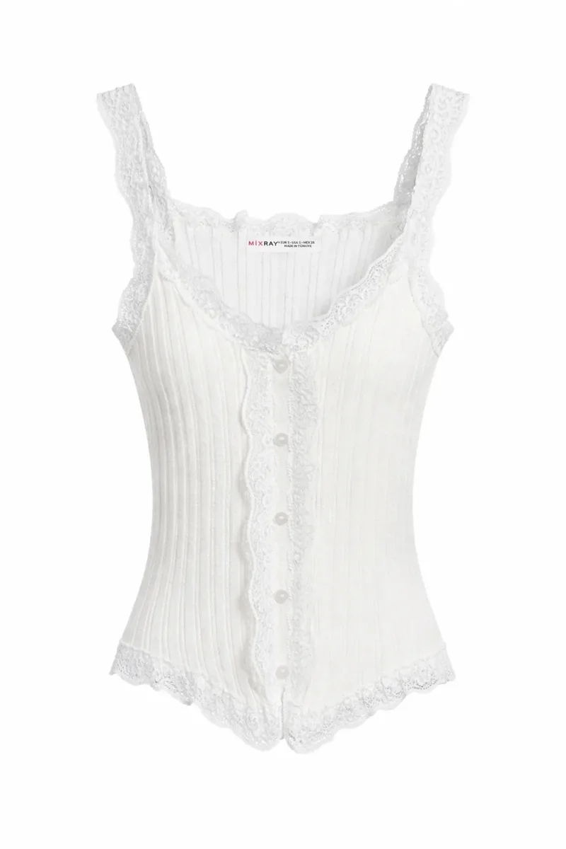 ميكسراي MIXRAY Fitted sleeveless lace ribbed blouse with buttons