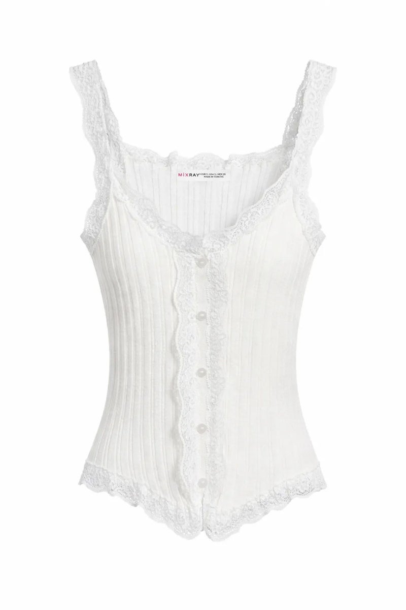 MIXRAY Fitted sleeveless lace ribbed blouse with buttons - Image 1
