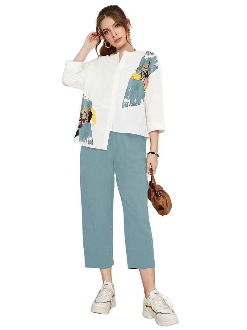 TOPLOT Women's Co-ord Set | Button-up, Loose-fit top with Artistic Abstract Prints| Relaxed Loose Fit Design | Stylish Matching Set with Easy Movement | Casual, Outings (5234_XL_Aqua) - Image 5