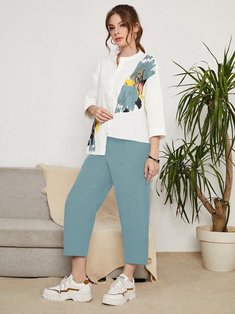 TOPLOT Women's Co-ord Set | Button-up, Loose-fit top with Artistic Abstract Prints| Relaxed Loose Fit Design | Stylish Matching Set with Easy Movement | Casual, Outings (5234_XL_Aqua) - Image 2
