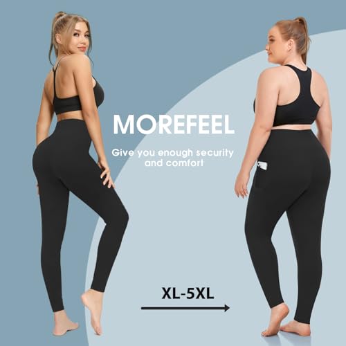 MOREFEEL Plus Size Leggings for Women with Pockets-Stretchy X-5XL Tummy Control High Waist Womens Leggings Workout Black Yoga Pants - Image 3
