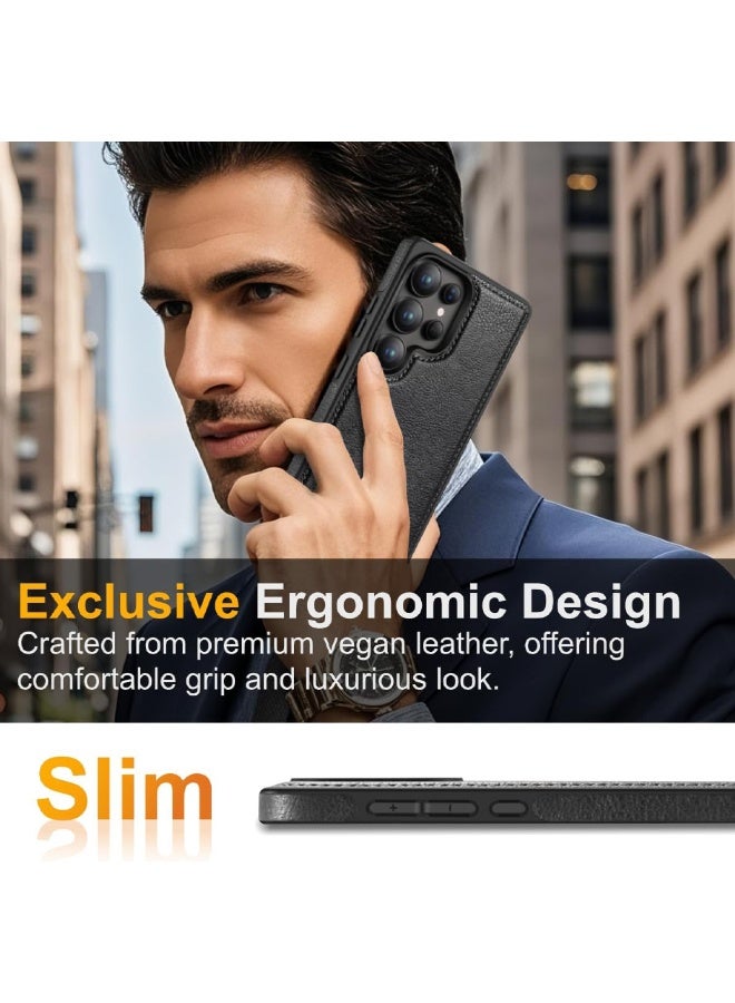 Mikki Samsung Galaxy S25 Ultra Case, Vegan Leather Protective Case for S25 Ultra 6.9", Luxury, Elegant and Beautiful Design Cover, Non-Slip Vintage Looking Perfect Leather Cover (Black) - Image 2