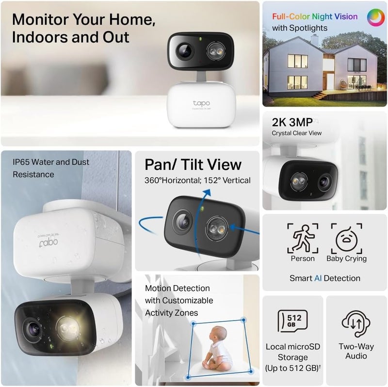 تابو كاميرا مراقبة صغيرة Tapo C216 بدقة 2K و3MP وتغطية 360° للاستخدام داخليًا وخارجيًا، مع تقنية الذكاء الاصطناعي للكشف والإشعارات، ودعم لبطاقات الذاكرة من نوع MicroSD حتى سعة 512GB، أبعادها 105.3 × 77.8 × 69.8 مم - Image 2