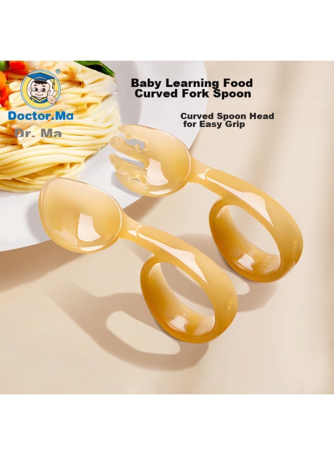 Doctor Ma Dr. Ma Children's Spoon, Baby Feeding Training Spoon, Short Handle Curved Head Infant Fork Spoon, Children's Tableware, Nano Silver - Image 1