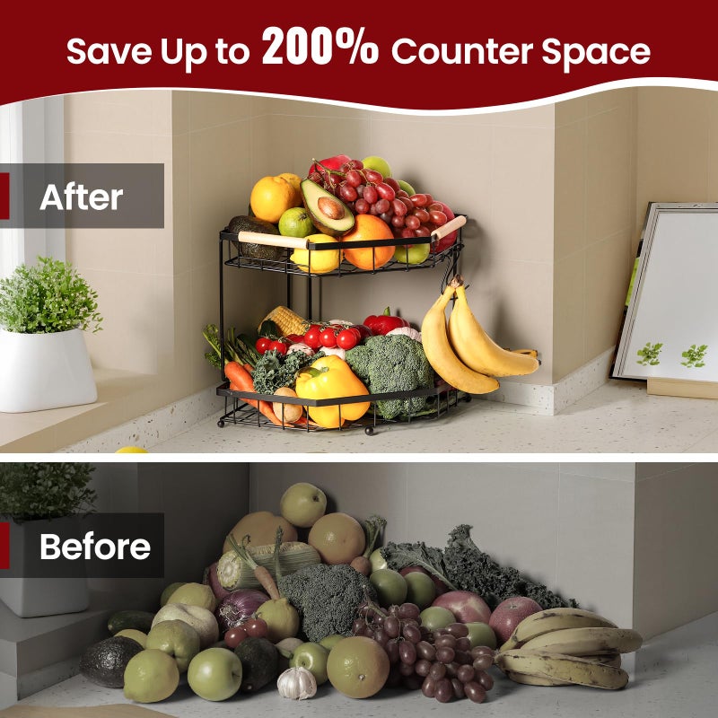 Snuvid 2 Tier Corner Fruit Basket for Kitchen Counter with Banana Hangers, Detachable Fruit Bowl with Wooden Handle, Metal Corner Rack for Fruit and Vegetable Storage, Kitchen Countertop Organizer - Image 3