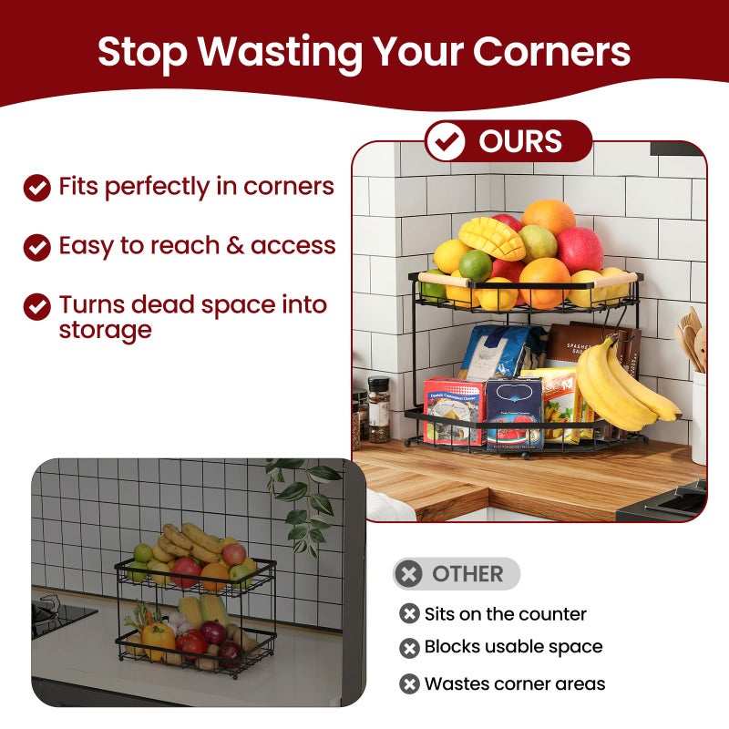 Snuvid 2 Tier Corner Fruit Basket for Kitchen Counter with Banana Hangers, Detachable Fruit Bowl with Wooden Handle, Metal Corner Rack for Fruit and Vegetable Storage, Kitchen Countertop Organizer - Image 2