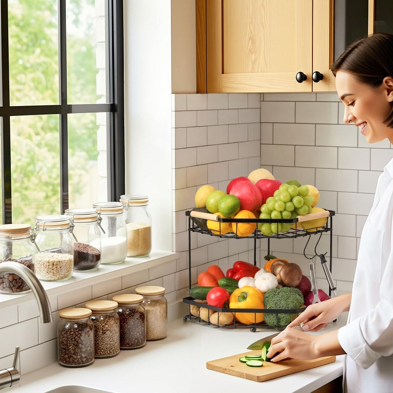 Snuvid 2 Tier Corner Fruit Basket for Kitchen Counter with Banana Hangers, Detachable Fruit Bowl with Wooden Handle, Metal Corner Rack for Fruit and Vegetable Storage, Kitchen Countertop Organizer - Image 4