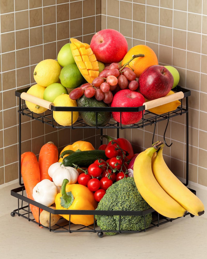 Snuvid 2 Tier Corner Fruit Basket for Kitchen Counter with Banana Hangers, Detachable Fruit Bowl with Wooden Handle, Metal Corner Rack for Fruit and Vegetable Storage, Kitchen Countertop Organizer - Image 1