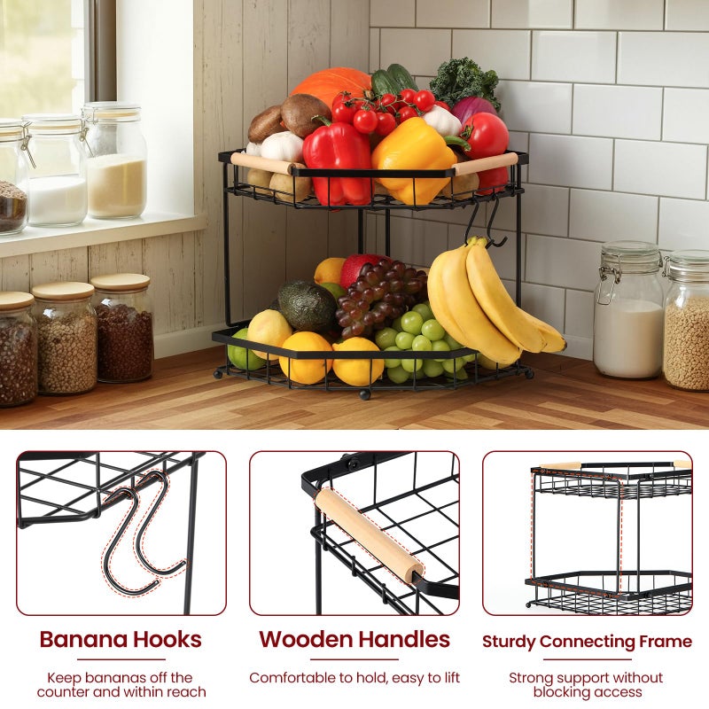 Snuvid 2 Tier Corner Fruit Basket for Kitchen Counter with Banana Hangers, Detachable Fruit Bowl with Wooden Handle, Metal Corner Rack for Fruit and Vegetable Storage, Kitchen Countertop Organizer - Image 5