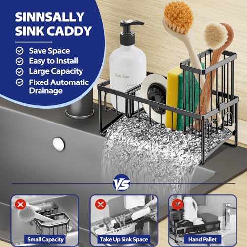 Sinnsally Kitchen Sponge Holder,Sink Caddy Organizer with Brush Holder,Stainless Steel Sink Box Dish Scrubber Holder with Self Drain Tray,Soap Dispenser Storage Accessories for Kitchen Counter(Black) - Image 2