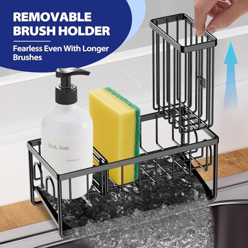 Sinnsally Kitchen Sponge Holder,Sink Caddy Organizer with Brush Holder,Stainless Steel Sink Box Dish Scrubber Holder with Self Drain Tray,Soap Dispenser Storage Accessories for Kitchen Counter(Black) - Image 3