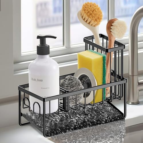 Sinnsally Kitchen Sponge Holder,Sink Caddy Organizer with Brush Holder,Stainless Steel Sink Box Dish Scrubber Holder with Self Drain Tray,Soap Dispenser Storage Accessories for Kitchen Counter(Black) - Image 1