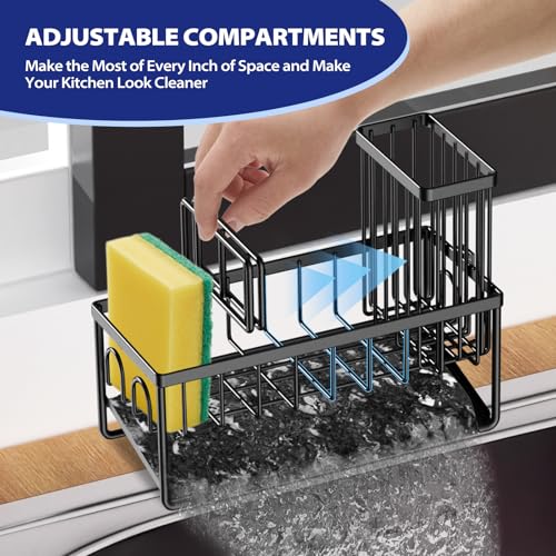 Sinnsally Kitchen Sponge Holder,Sink Caddy Organizer with Brush Holder,Stainless Steel Sink Box Dish Scrubber Holder with Self Drain Tray,Soap Dispenser Storage Accessories for Kitchen Counter(Black) - Image 4