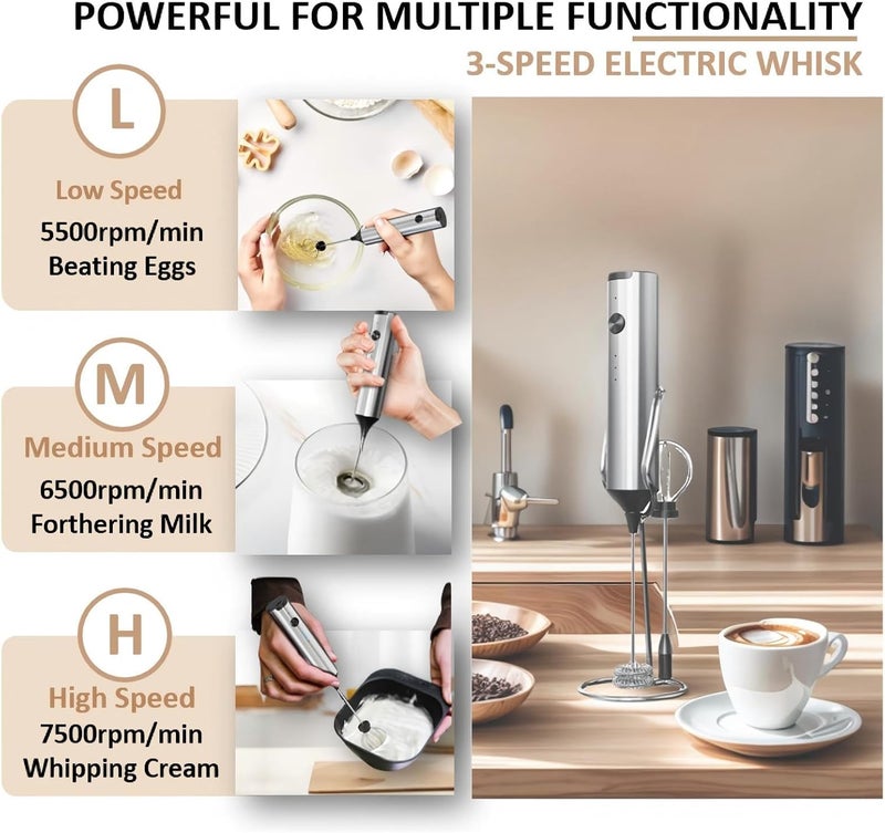 Kueh Milk Frother with Stand, Handheld Electric Foam Maker with 2 Heads, 3 Speeds, Detachable Stainless Steel Whisk - Drink Mixer for Lattes, Cappuccino, Hot Chocolate, Egg Drinks - Image 3