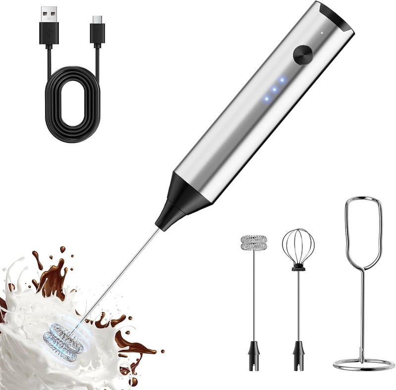 Kueh Milk Frother with Stand, Handheld Electric Foam Maker with 2 Heads, 3 Speeds, Detachable Stainless Steel Whisk - Drink Mixer for Lattes, Cappuccino, Hot Chocolate, Egg Drinks - Image 1