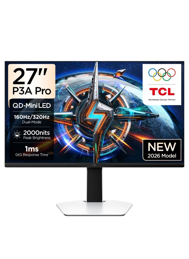 تي سي إل 27 Inch QHD QD-Mini LED Gaming Monitor, 320Hz Refresh Rate, HFS Panel 1ms GTG, AMD FreeSync Premium, Tmoc Motion Clarity, 1200nits Peak Brightness, 98.5% DCI-P3 Color Gamut  27P3A Pro (2026 Model) white - Image 1