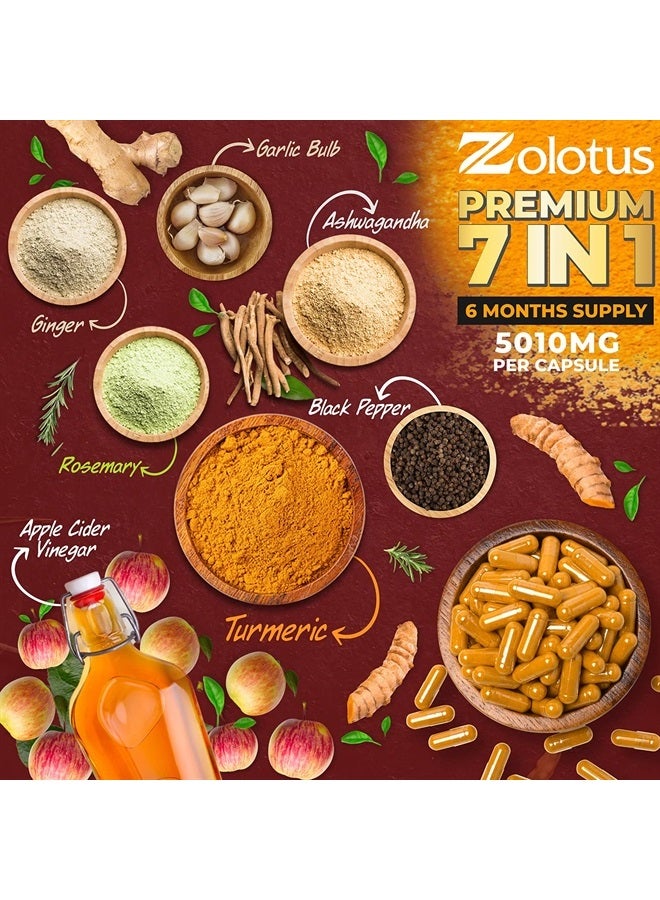 Zolotus عبوتان من كبسولات الكركم الكركمين + خل التفاح 7 في 1، تعادل 5010 ملغ، إمداد لمدة 6 أشهر مع الأشواغاندا، الزنجبيل، فص الثوم، 95% من الكركمينات الموحدة، دعم المفاصل والامتصاص - Image 3