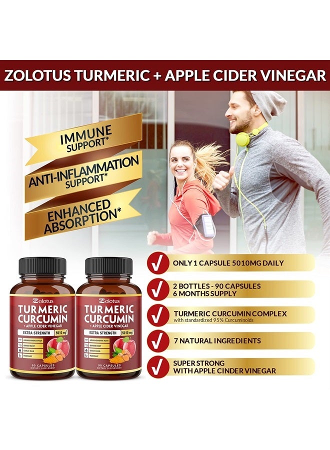 Zolotus عبوتان من كبسولات الكركم الكركمين + خل التفاح 7 في 1، تعادل 5010 ملغ، إمداد لمدة 6 أشهر مع الأشواغاندا، الزنجبيل، فص الثوم، 95% من الكركمينات الموحدة، دعم المفاصل والامتصاص - Image 5