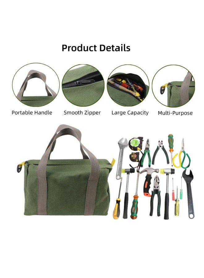 12 Inch Wide Mouth Tool Bag, Canvas Tool Bag, Heavy Duty Tool Storage Bag, Large Capacity Tool Tote Bag for Electricians, Power Tool Organizer Pouch, Tool Bags for Men (Green - 12 Inch) - Image 3