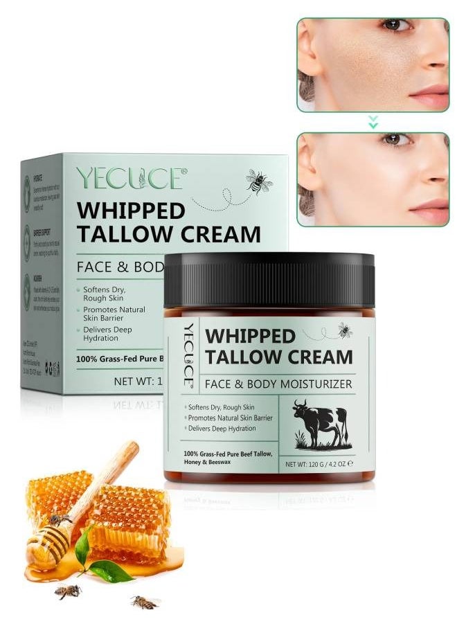 Yecuce 120g Whipped Tallow Cream Face and Body Moisturizer Cream Organic Beef Tallow for Skin Grass Fed Whipped Beef Tallow and Honey Cream Balm Deep Hydrating Nourishing Face and Body Tallow Gel  - Image 1