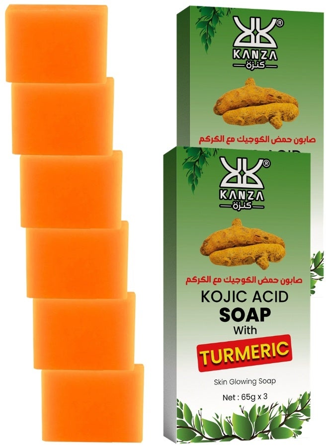 Kanza 6 Pcs Turmeric Kojic Acid Soap Set for Face & Body Handmade Turmeric Kojic Acid Facial Soap for Acne Dark Spot Remover Face Cleansing Smooth Skin Moisturizing Soaps with Retinol & Collagen 6 x 65g - Image 1