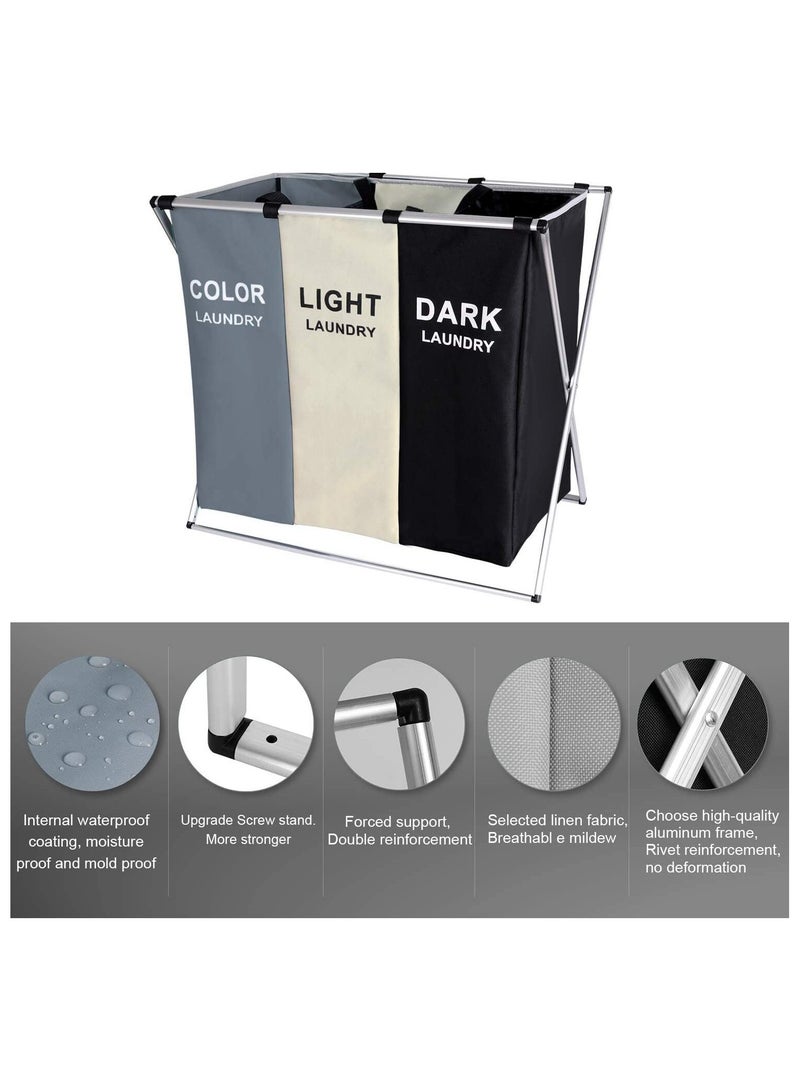 3-Section 135L Foldable Laundry Basket with Metal Frame laundry bag and clothes basket washing basket handle Collapsible Laundry Basket, Laundry Hamper Bag Sorter Washing Bin Clothes Organizer Storage Basket Hamper for Clothes dirty clothes basket laundry bag basket Toys hamper basket Bathroom Bedroom Home cloth basket - Image 2