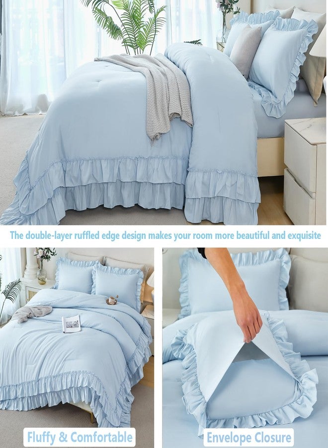ANGIYUIN 5Pcs Queen Size Comforter Sets Light Blue Double-Layer Ruffle Bedding Sets Vintage Farmhouse Bed Sets Solid Elegance Bed in A Bag for Women(Light Blue Queen) - Image 4