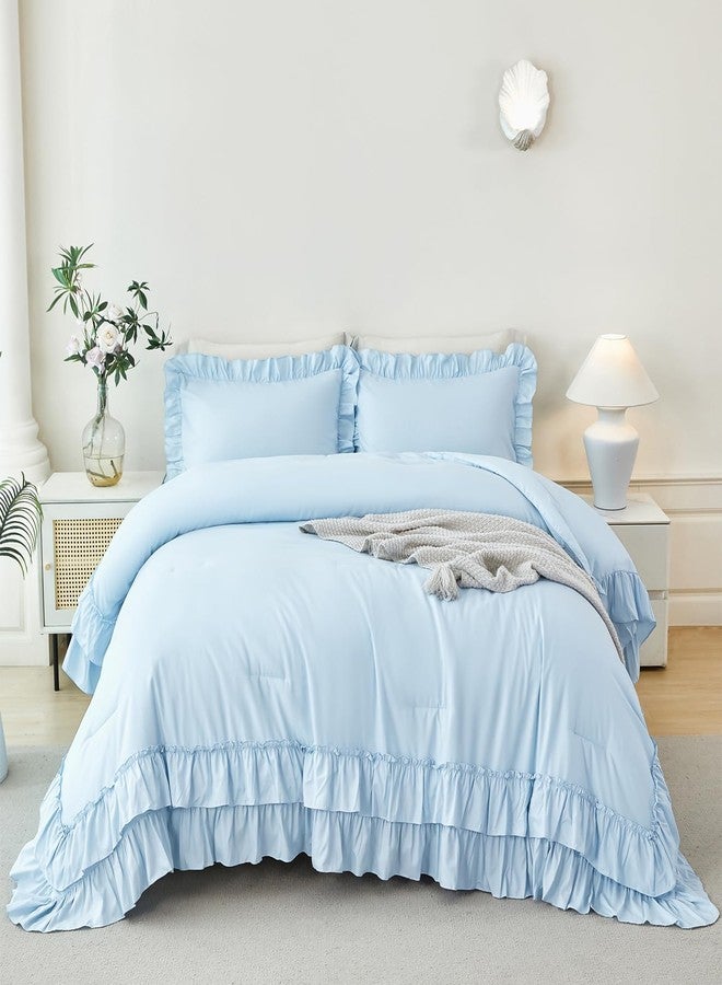 ANGIYUIN 5Pcs Queen Size Comforter Sets Light Blue Double-Layer Ruffle Bedding Sets Vintage Farmhouse Bed Sets Solid Elegance Bed in A Bag for Women(Light Blue Queen) - Image 3