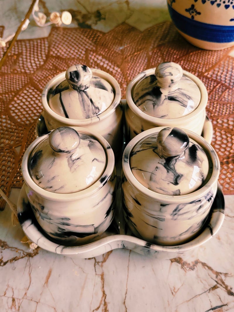 Niyara Multipurpose Storage Ceramic Pickle set Jars with Lid & tray (Set of 4, 300 ml) (Classic Marble Look) - Image 1