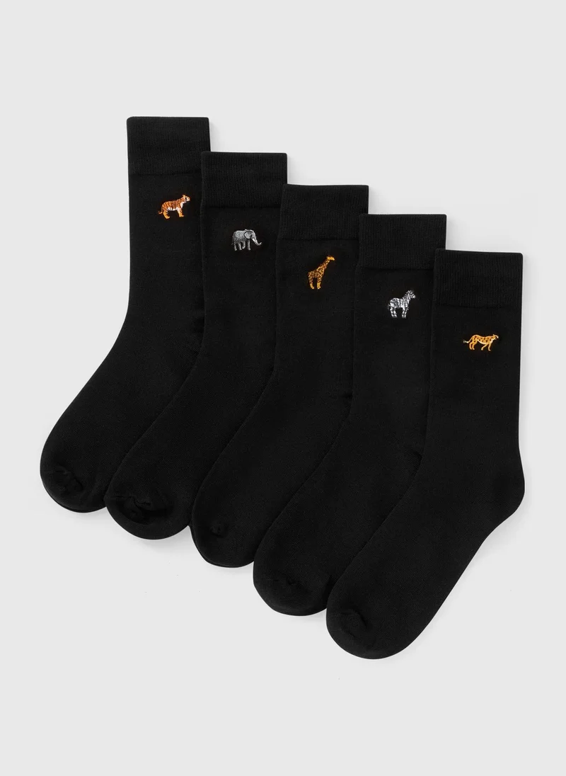 Matalan 5 Pack Black Safari Embroidered Socks