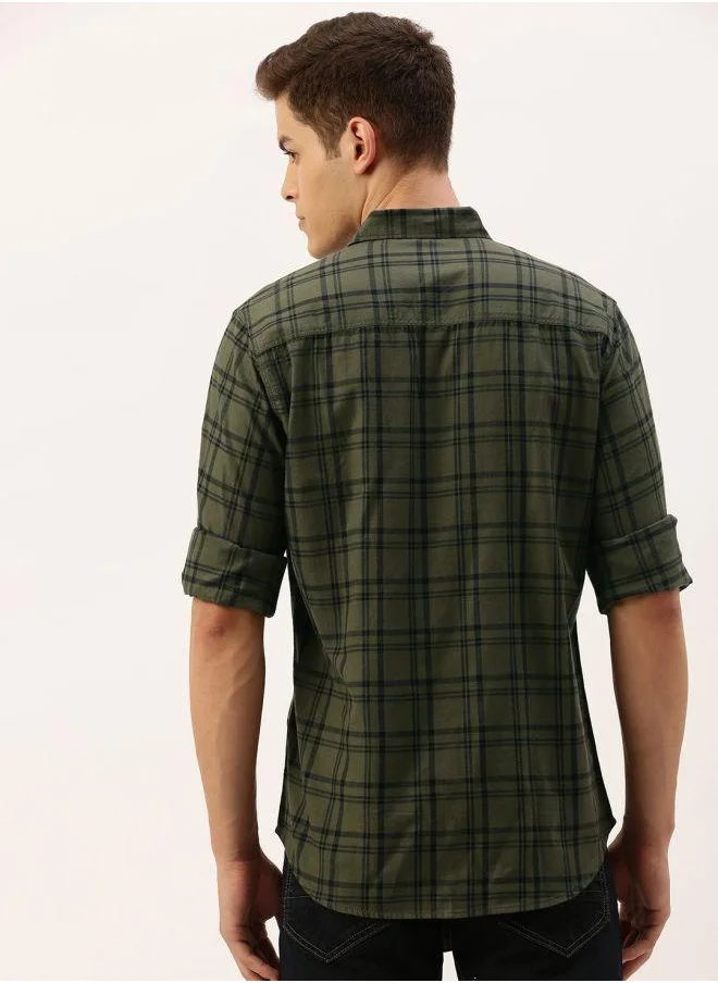 شركة المرآب الهندية Men Slim Fit Checkered Full Sleeves Spread Collar Casual Shirt