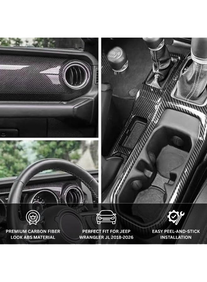 MOTOR FIT Interior Carbon Fiber Trim Set Compatible with Jeep Wrangler JL 2018–2025 | Dashboard Center Console Cover & Window Switch Button Covers - Image 3