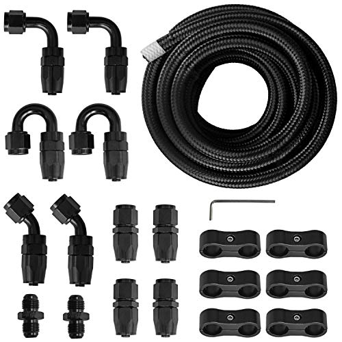Medoon 16ft 6AN Black Nylon Braided Fuel Oil Hose Fuel Line 10pcs 6AN Hose Fitting Kit 6pcs 6AN Hose Separator Clamp 2pcs 6AN to 6AN Male Coupler Adapter Straight Fitting - Image 1
