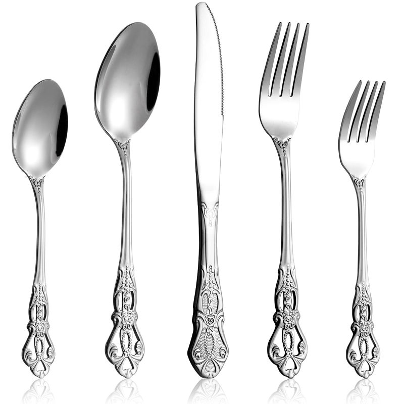 Cididu 40 Pieces Retro Royal Silverware Set for 8, Stainless Steel Flatware Set, Dishwasher Safe Dinnerware Set Including Forks Spoons and Knives, Vintage Cutlery Set for Wedding, Party and Christmas - Image 1
