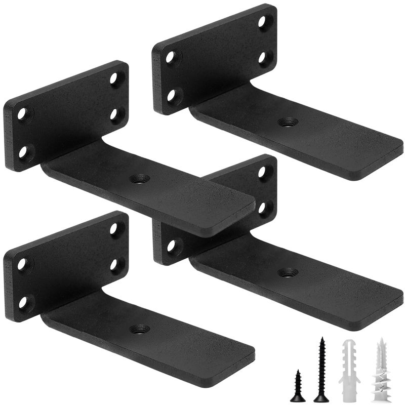 HITOMEN Heavy Duty Floating Shelf Brackets, 4-Inch (1/5'' Thick) Hidden Shelves Hardware, Iron L Brackets, Rustic Industrial Black Metal Wall Shelving Supports, 4 Pack - Image 1