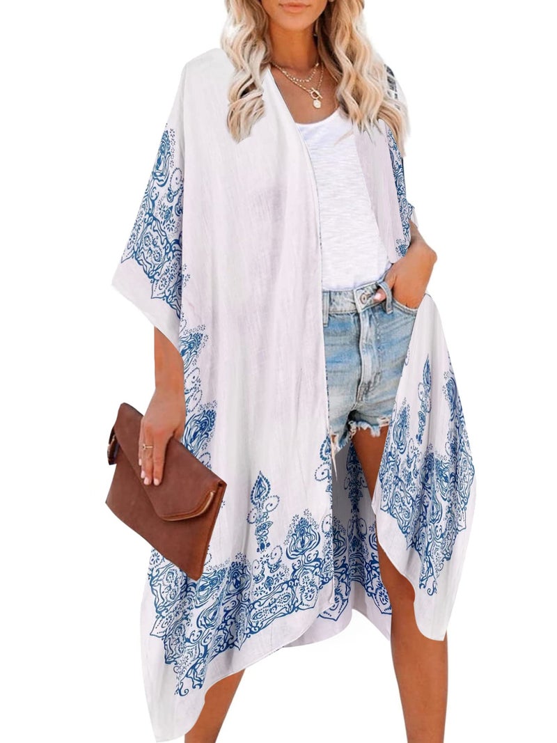 Moss Rose Women's Beach Cover up Swimsuit Kimono with Bohemian Floral Print, Loose Casual Resort Wear
