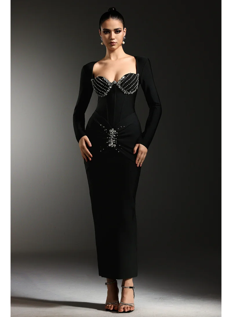 Bella Barnett Vinly Long Sleeves Diamond Bandage Maxi Dress