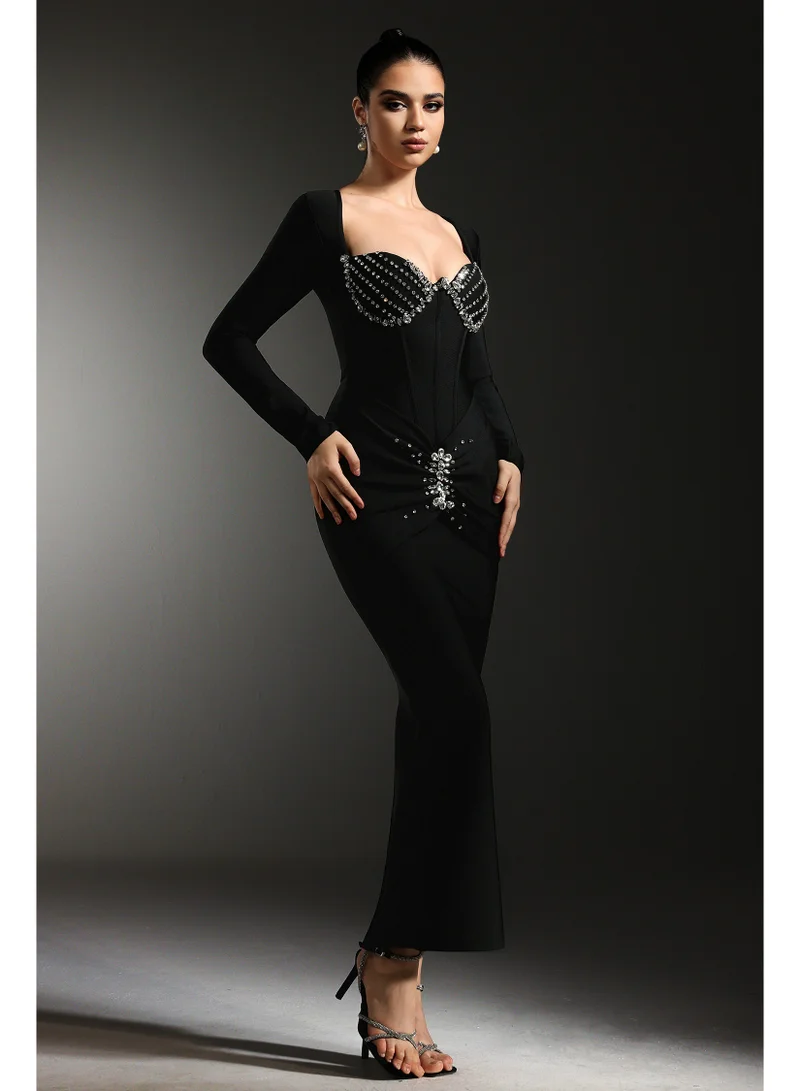 Bella Barnett Vinly Long Sleeves Diamond Bandage Maxi Dress