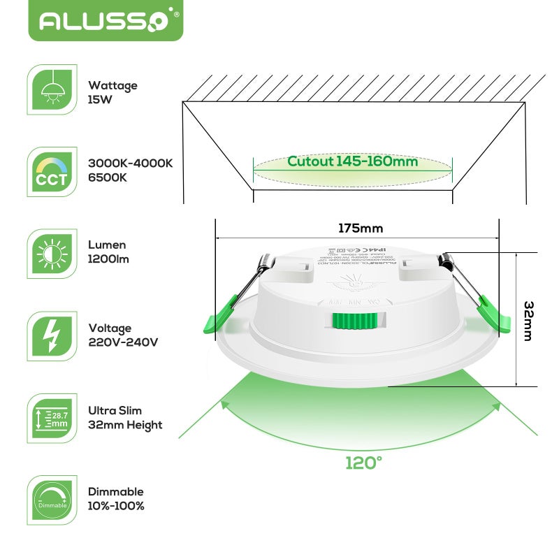 ALUSSO LED Recessed Spotlight Extra Flat 15 W 1200 Lumen, Dimmable Warm White 3000 K Neutral White 4000 K Cool White 6500 K, 230 V Recessed Ceiling Lighting for Bathroom, Kitchen, Living Room, Hallway, Pack - Image 2