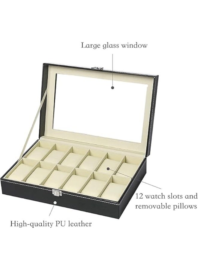 علبة تنظيم ساعات فاخرة بـ 12 فتحة – صندوق عرض للساعات مصنوع من الجلد الصناعي الأسود بغطاء زجاجي وأقفال معدنية ومخدات مخملية قابلة للإزالة - Image 3