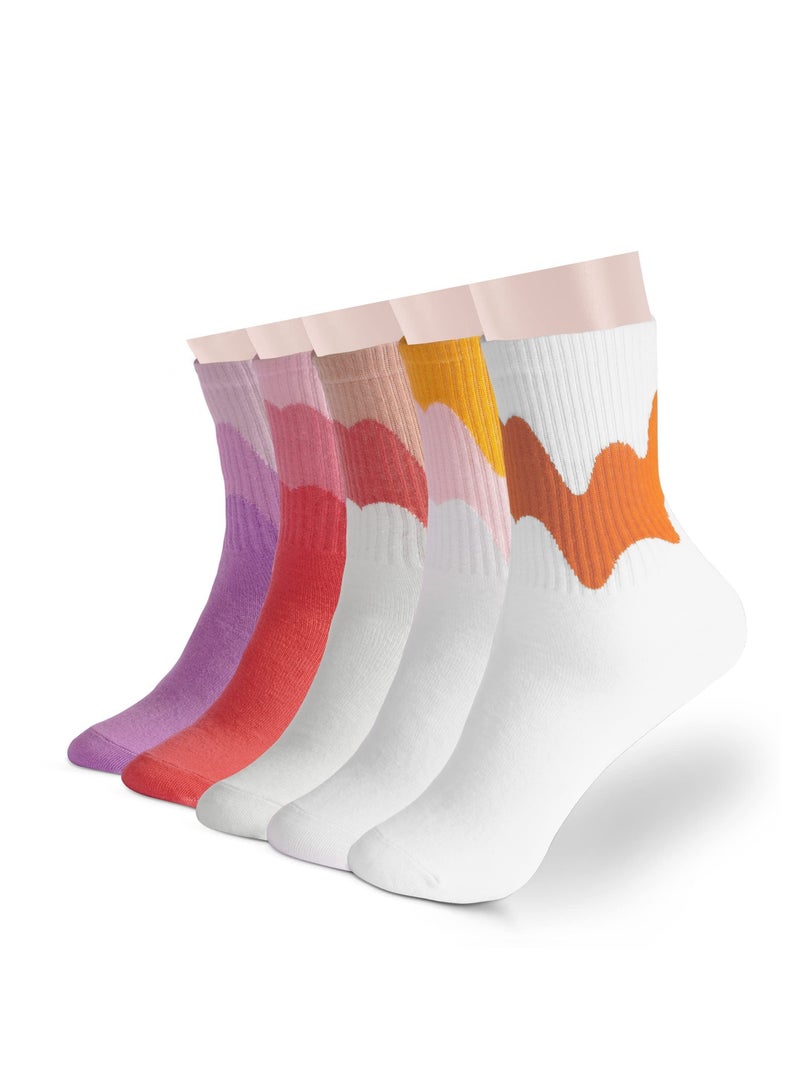 Excefore Women Cotton Socks, 5 Pair Women's Funny Novelty Casual Combed Cotton Socks, Crew Socks Casual Cotton Socks Novel Cute Fun Girl Quarter Dress Sock (Yellow/Red/Purple)  - Image 1