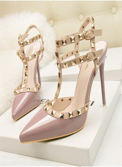 Eloshman 10cm Lacquer Leather Metal Rivet High Heel Sandals Purple  - Image 3